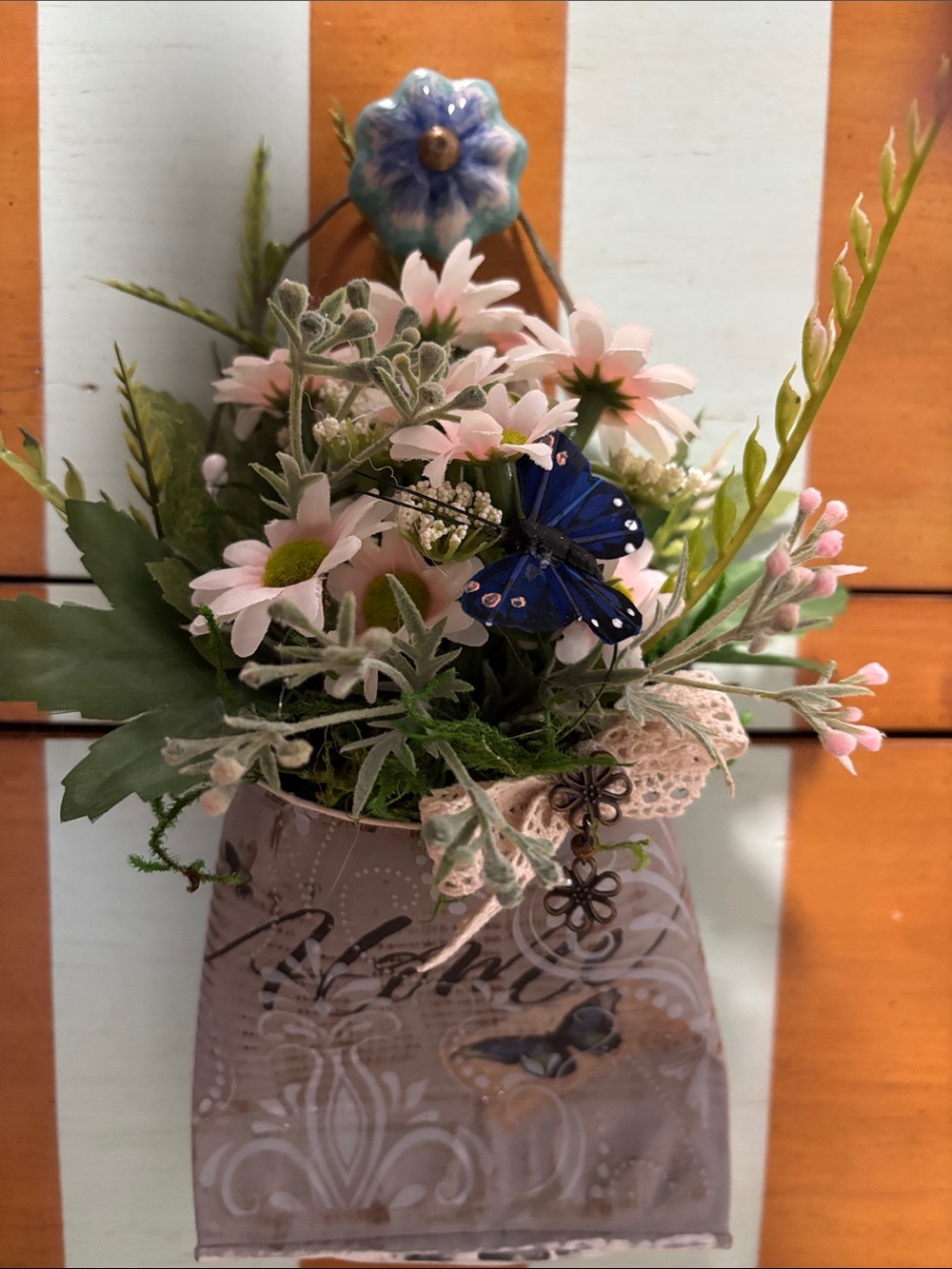 Hand Crafted Pink Daisy Arrangement with Blue Butterfly Accent